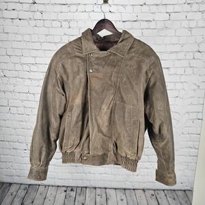 Vintage Pioneer Wear Mens Distressed Brown Genuine Leather Bomber Jacket Size 42